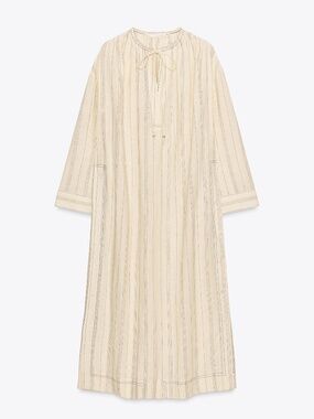 Zara boho oversized ecru striped linen blend kaftan midi dress NWT